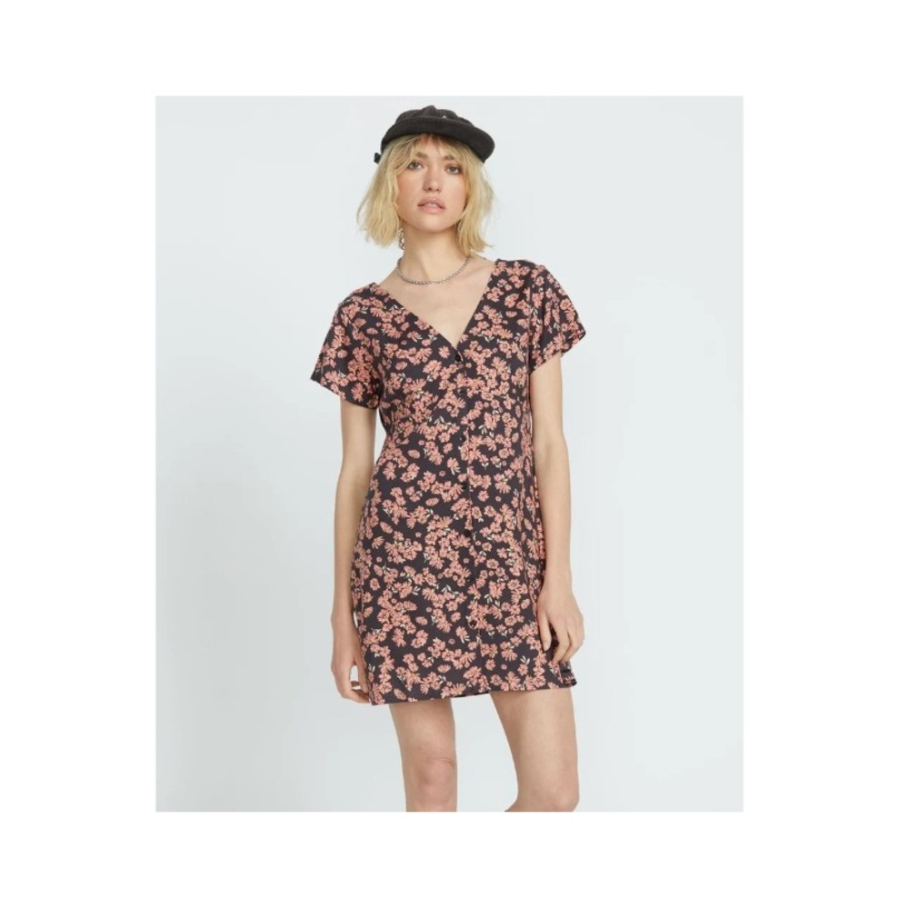 Volcom Crunk Punk Dress‎ Floral Short Sleeve Button Front Black Pink Medium